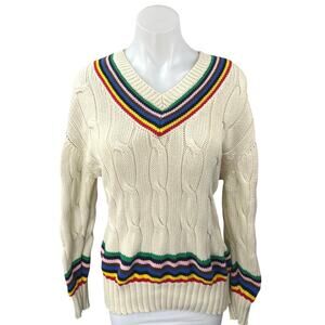 Rowing Blazers Women's Cream Cable Knit Striped V Neck Pullover Sweater Top Sz M